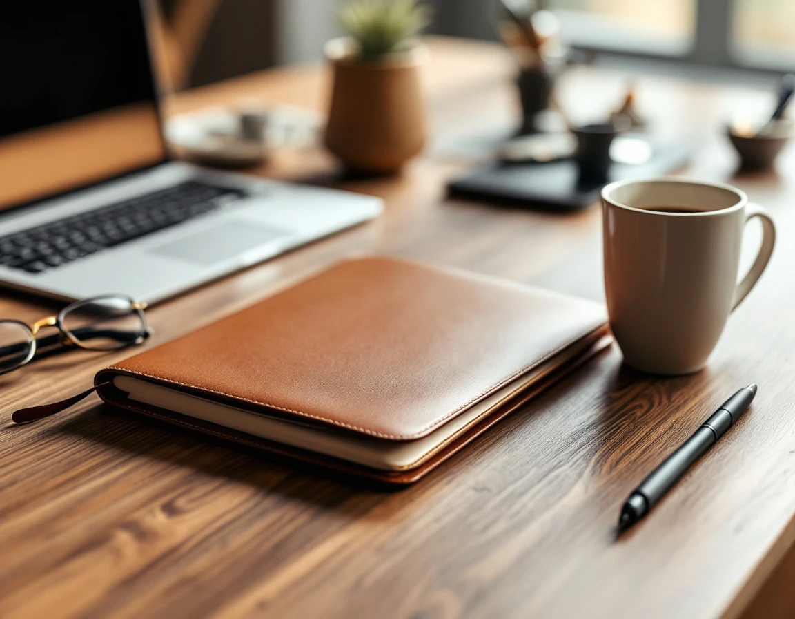 Professional training workspace with leather portfolio, laptop, and coffee mug on wooden desk