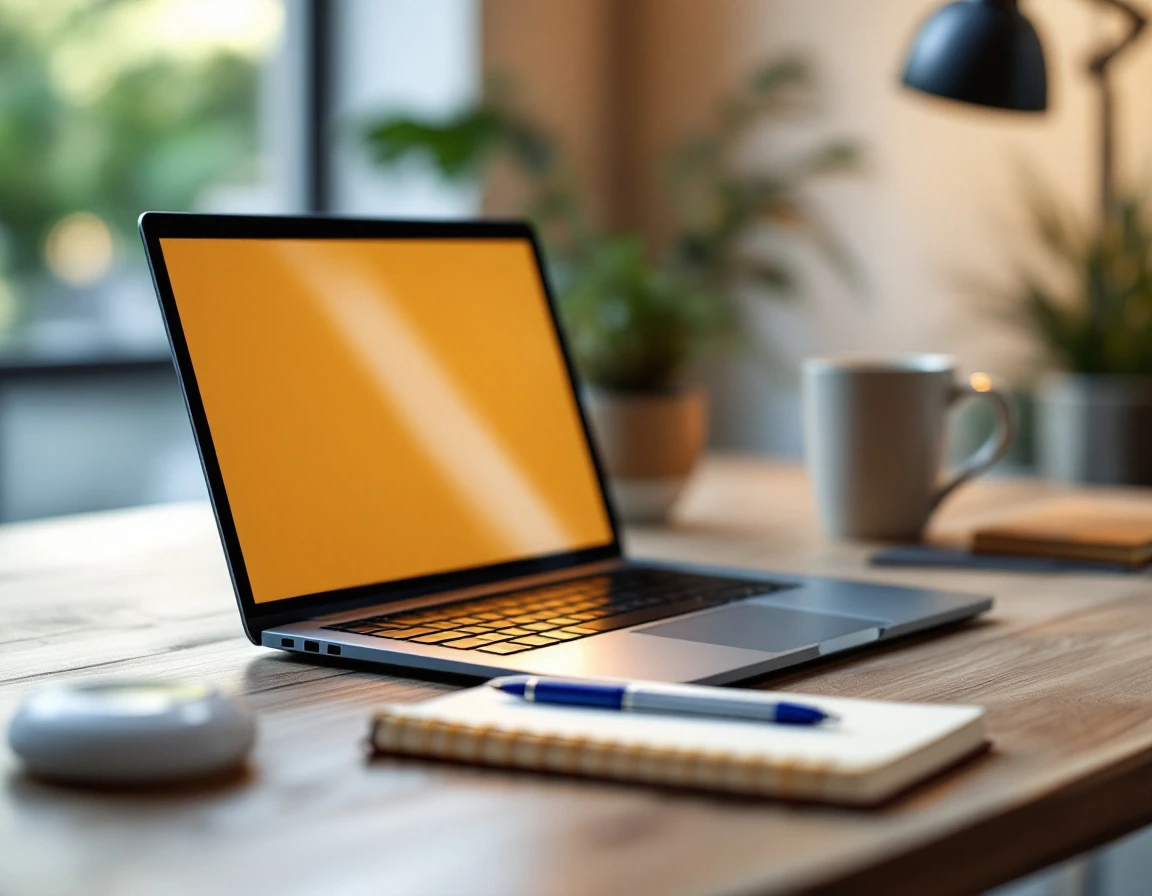 Laptop and notebook on wooden desk with natural lighting in professional training workspace