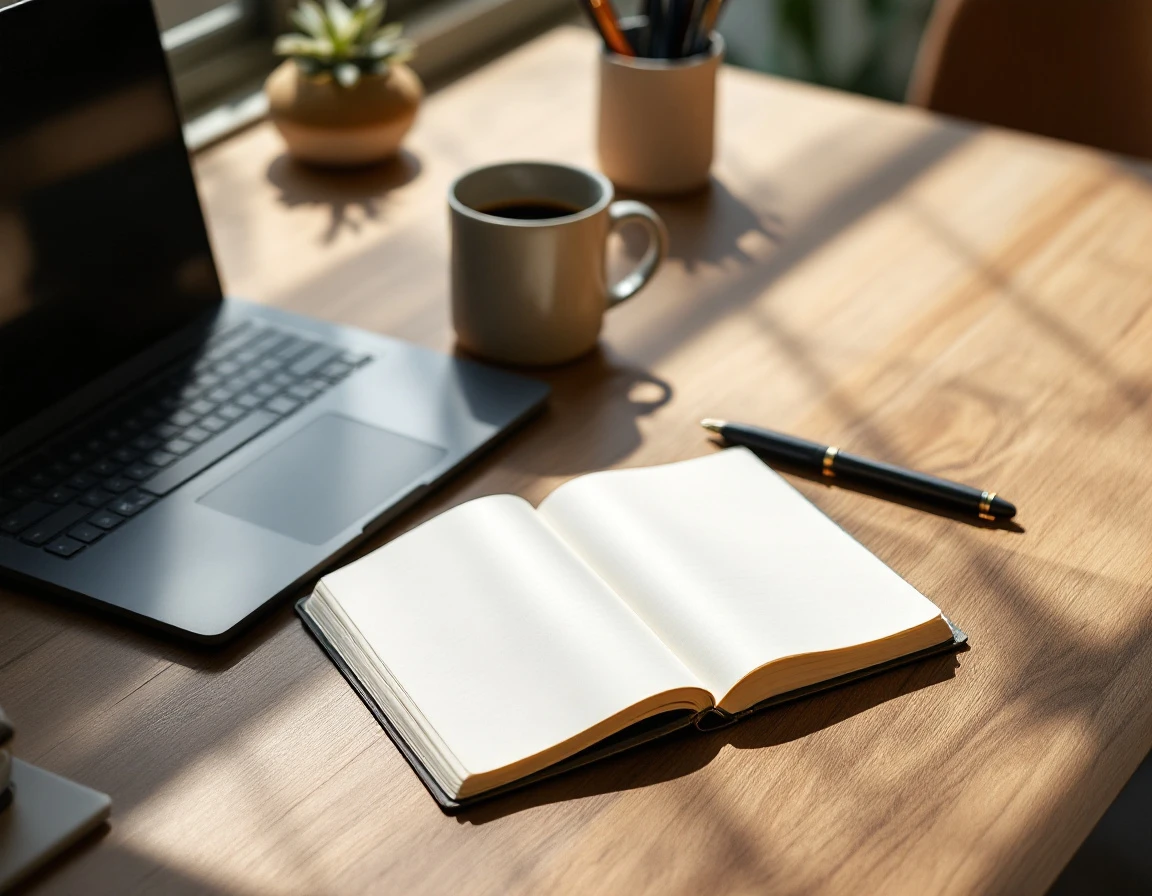 Professional workspace with laptop, notebook, and coffee showing tools for continuous learning and skill development