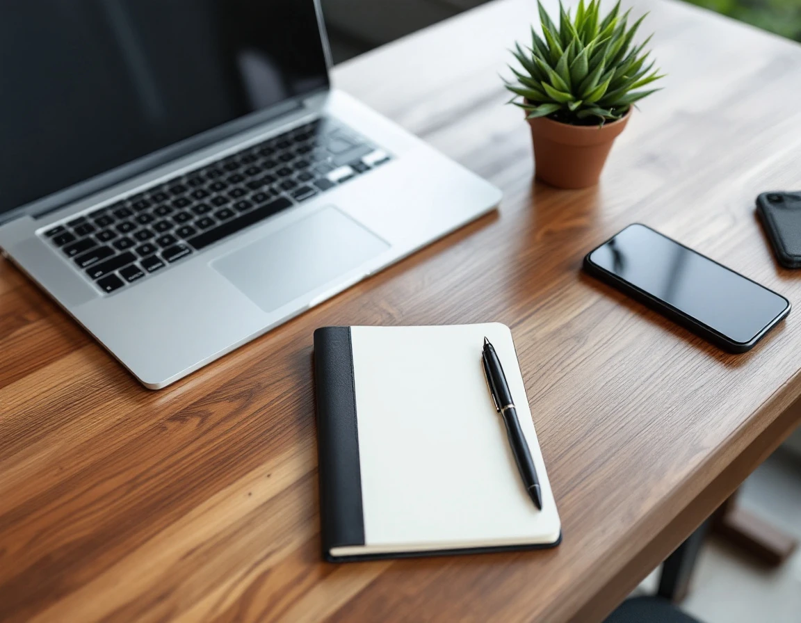 Overhead view of professional workspace with laptop, tablet, notebook, and planning tools on wooden desk