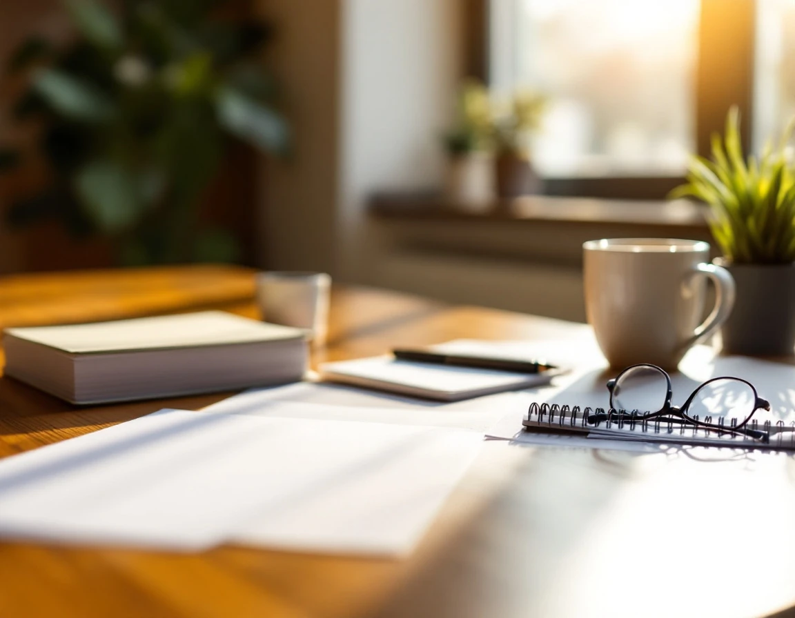 Workspace with blank training materials, coffee, and organized onboarding documents on wooden desk with warm natural light
