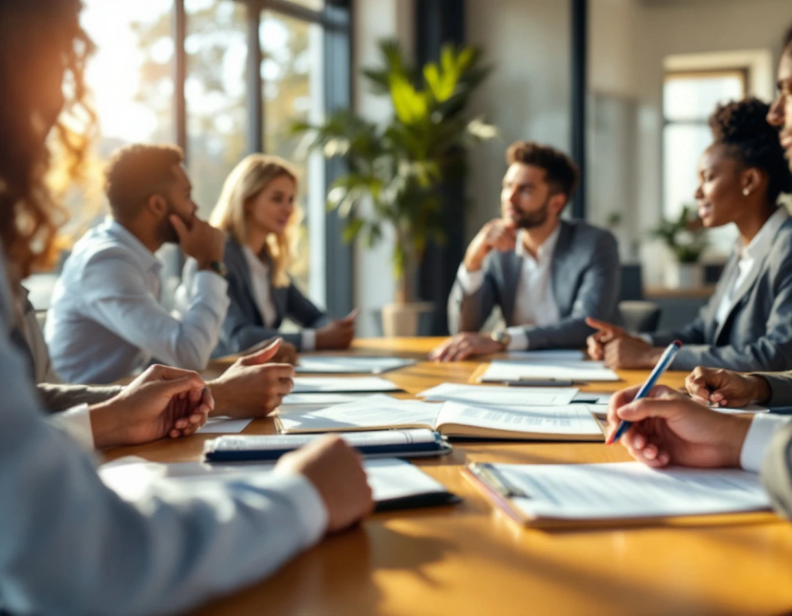 Business professionals collaborating around conference table during employee training session with materials