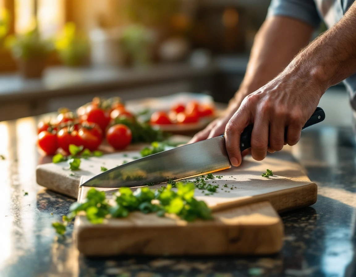 Hands demonstrating professional knife technique during culinary training session on wooden cutting board