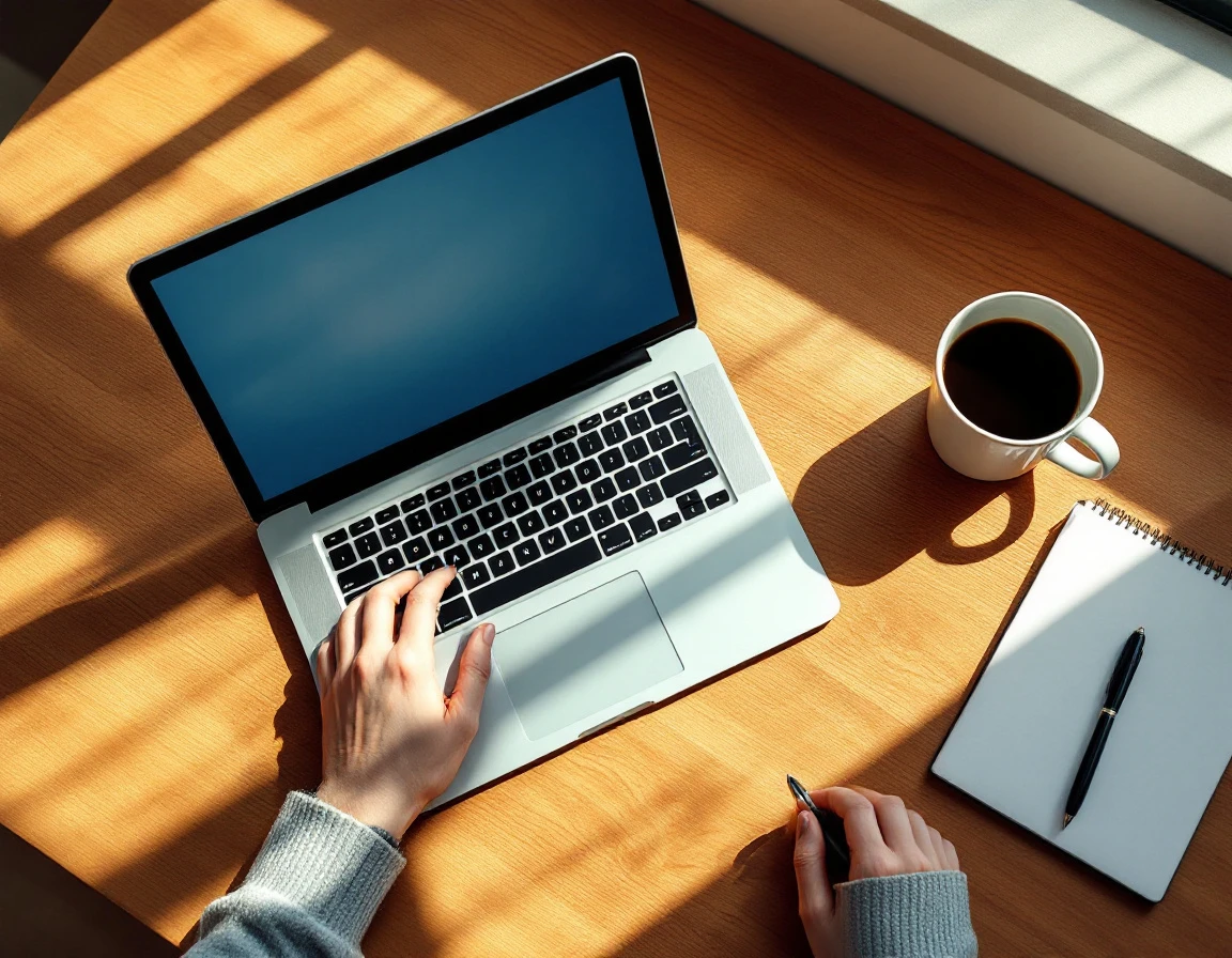 Overhead view of laptop and coffee on wooden desk with natural morning light in training workspace