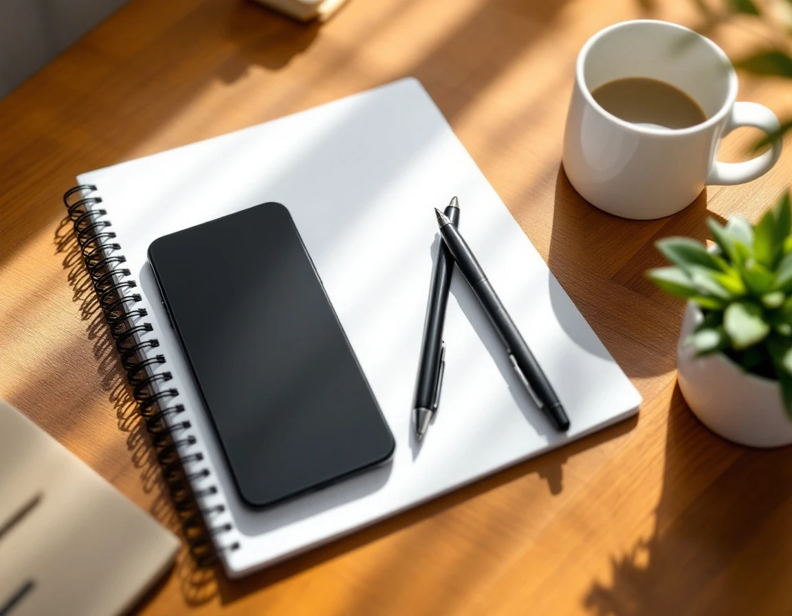 Minimalist workspace with blank notebook, face-down smartphone, pen, coffee mug on wooden desk with natural light