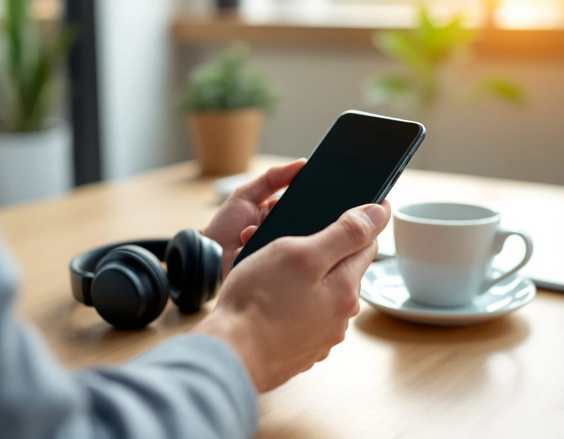 Hand holding smartphone angled away from camera with coffee and headphones on desk in bright workspace
