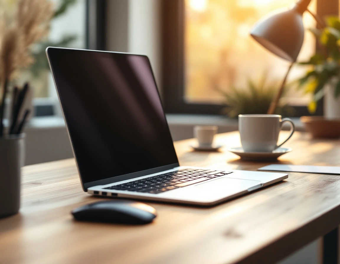 Laptop and minimal workspace setup with natural lighting on wooden desk