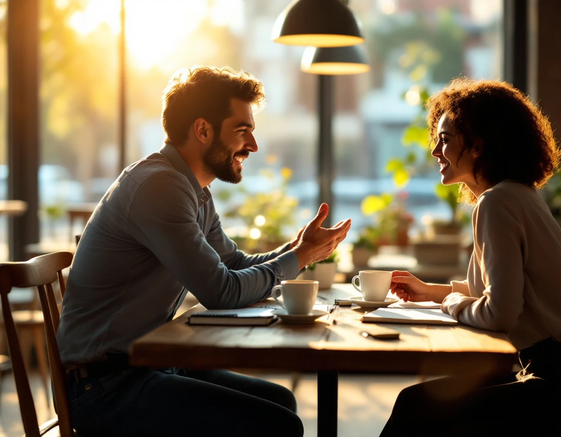 Two professionals in informal mentoring conversation at café table, viewed from behind
