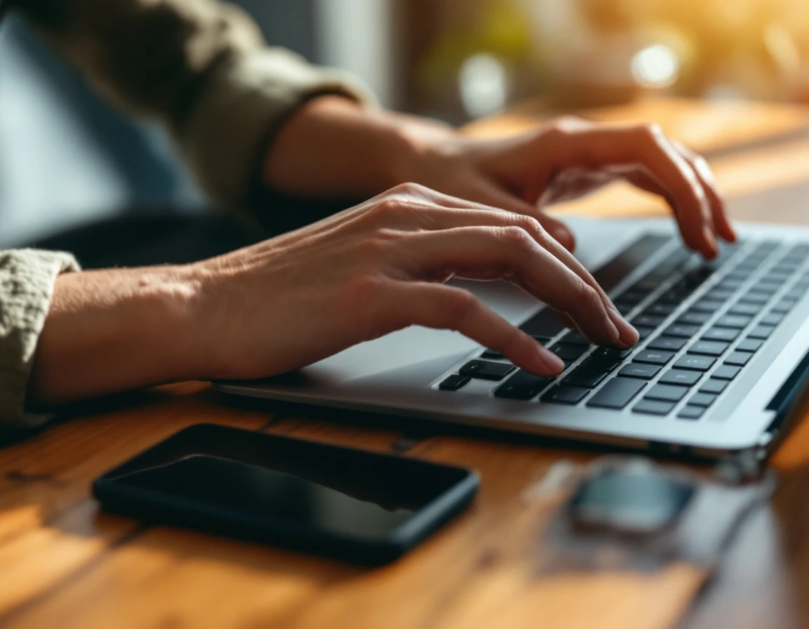 Hands typing on laptop with smartphone placed face-down on wooden desk during professional onboarding session