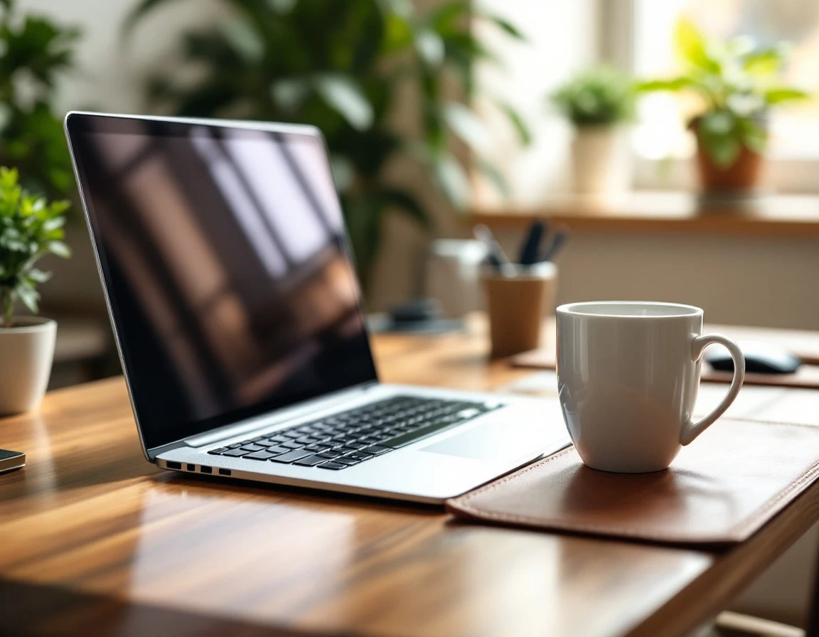 Modern laptop workspace with coffee mug and minimal desk setup in natural lighting