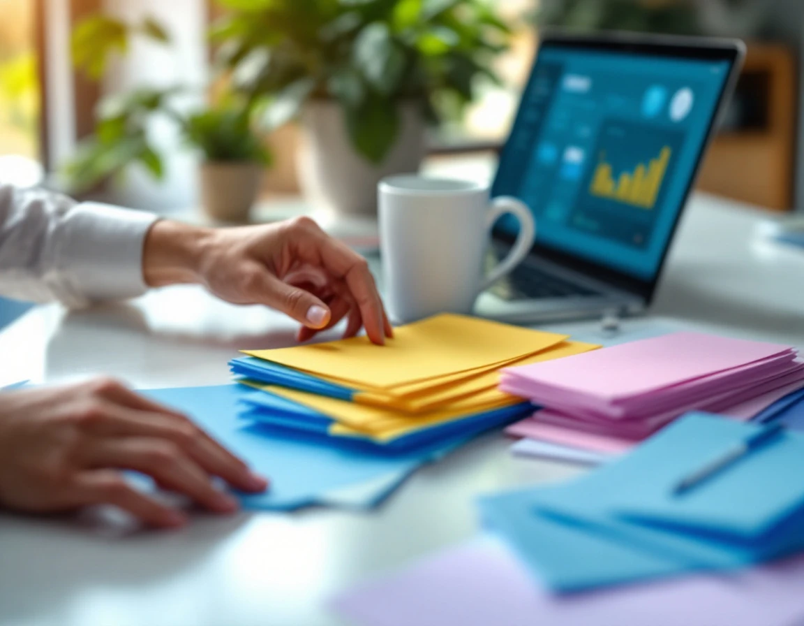Hands organizing color-coded compliance materials and laptop on office desk during security training preparation