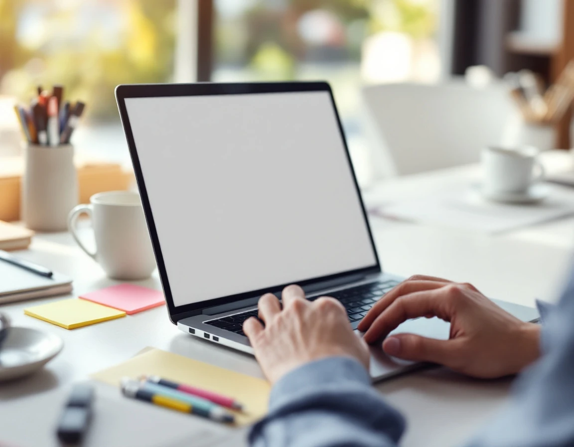 Professional workspace with blank laptop screen, unmarked sticky notes, coffee cups, and office supplies