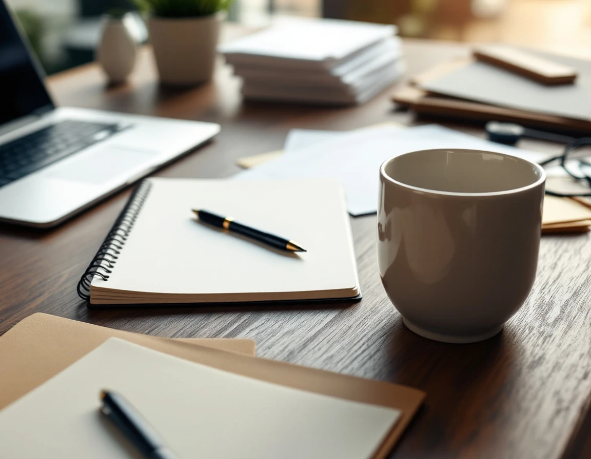 Professional desk workspace with blank training materials, security badge, laptop, and coffee mug in warm lighting