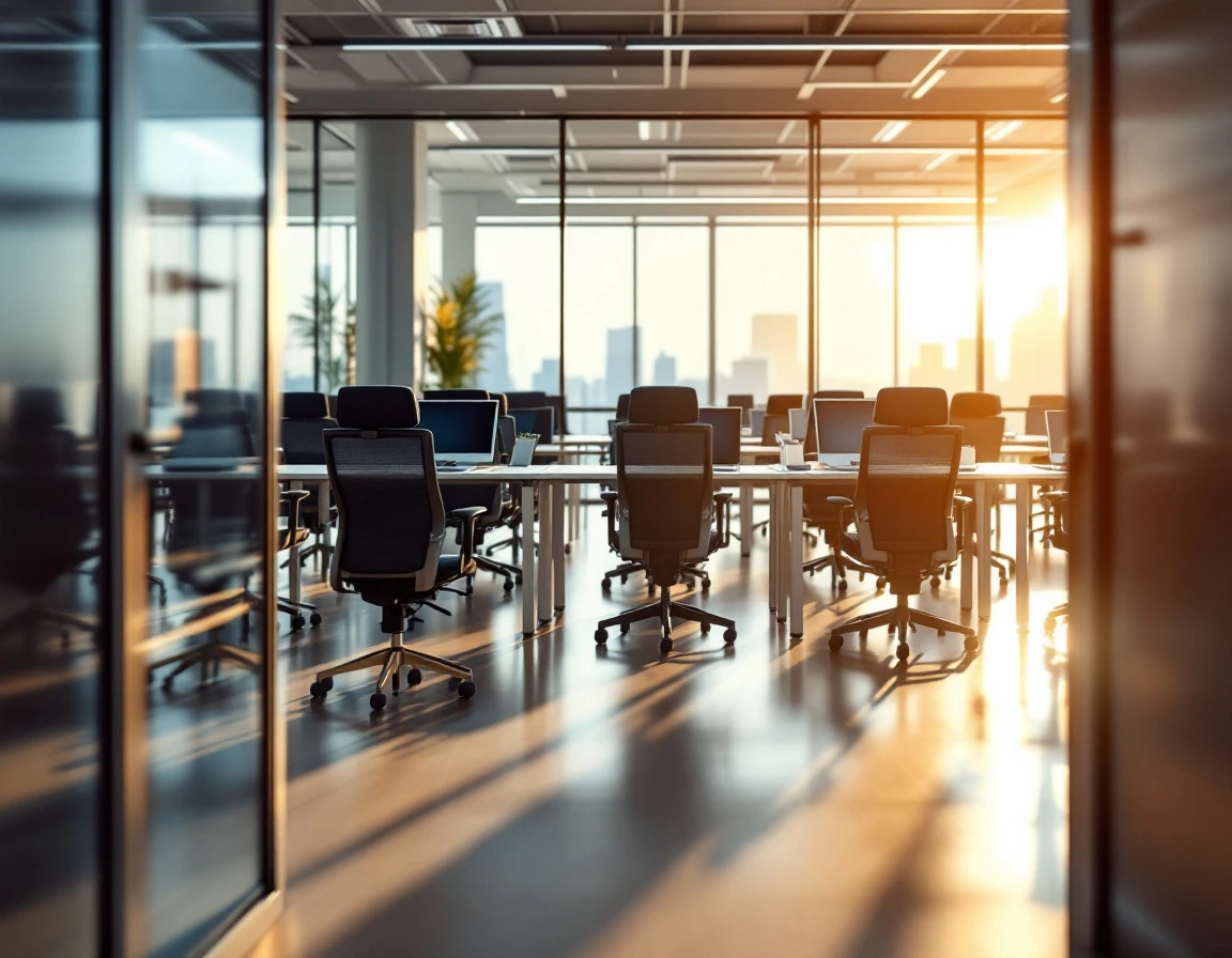 Empty corporate training room with chairs and desks prepared for new employee onboarding session
