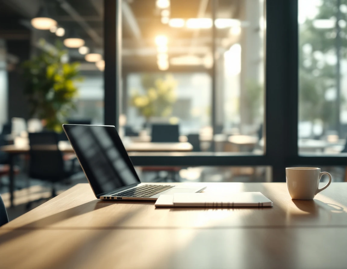 Empty office desk with laptop and coffee mug positioned near window with morning light