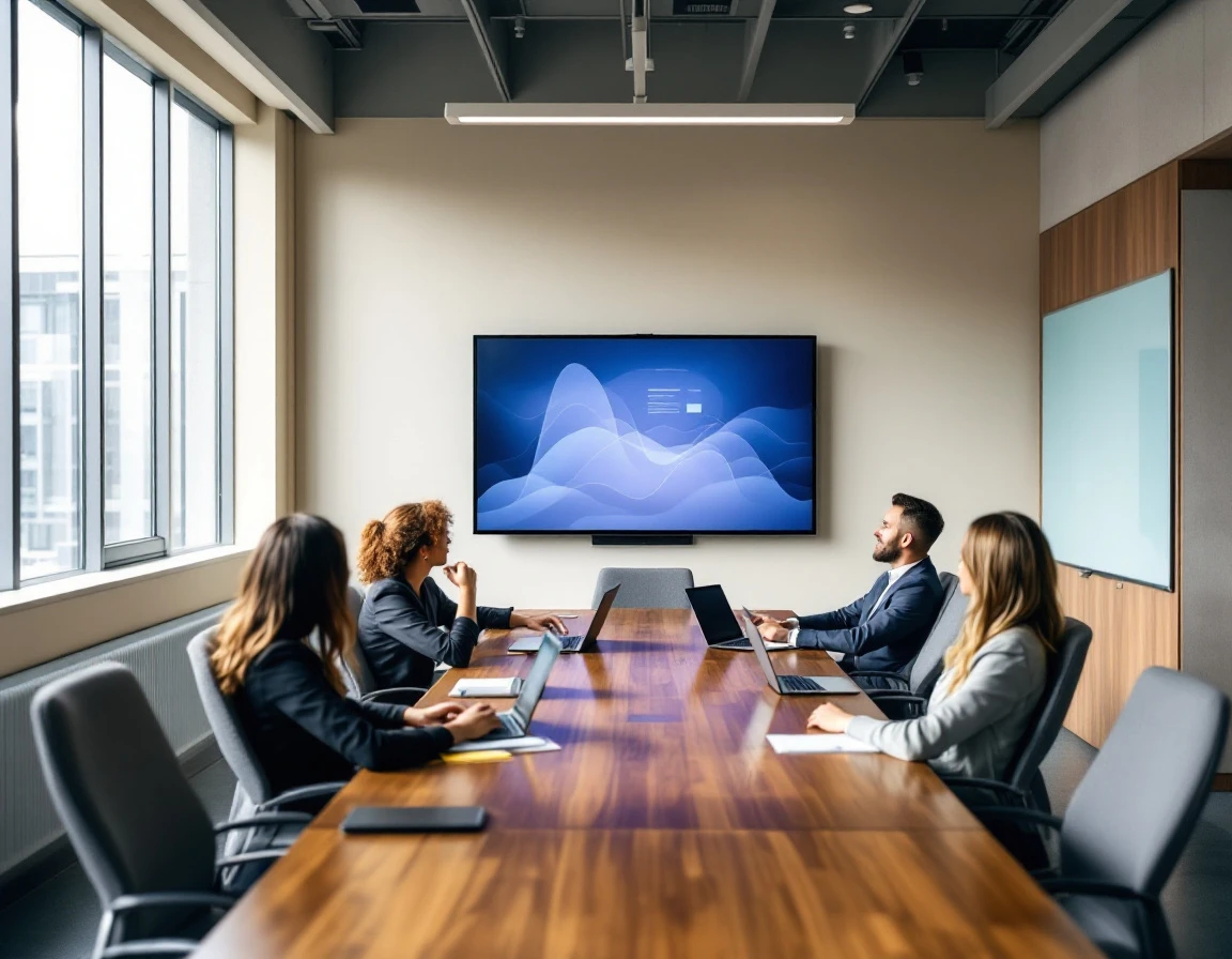 Conference room training session with employees at laptops during corporate onboarding program