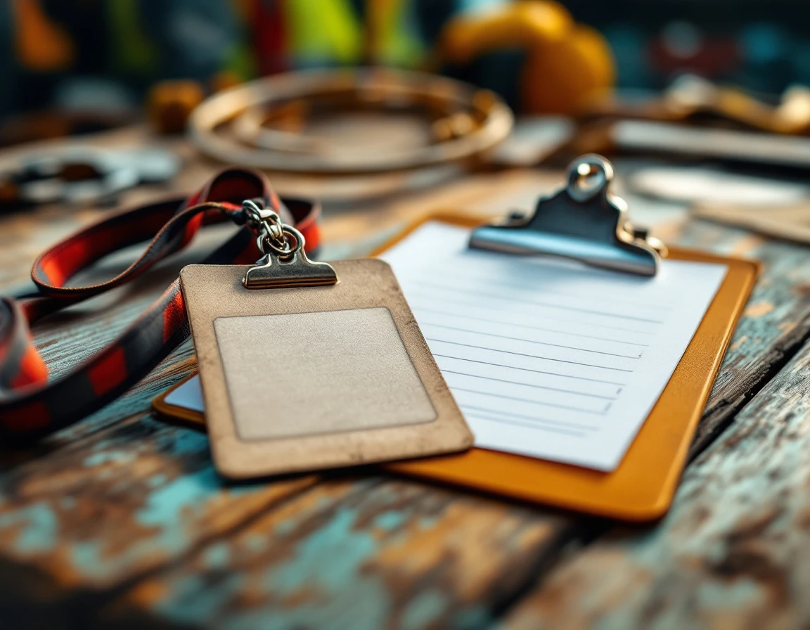 Worn employee badge next to fresh clipboard showing contrast between returning worker experience and new materials