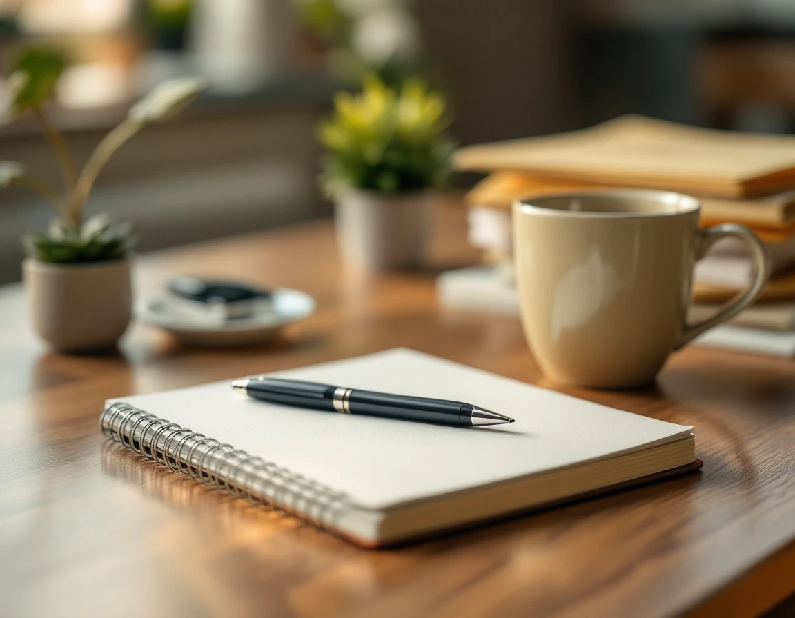 Closed notebook and pen on wooden desk with coffee mug, representing streamlined returning worker training materials