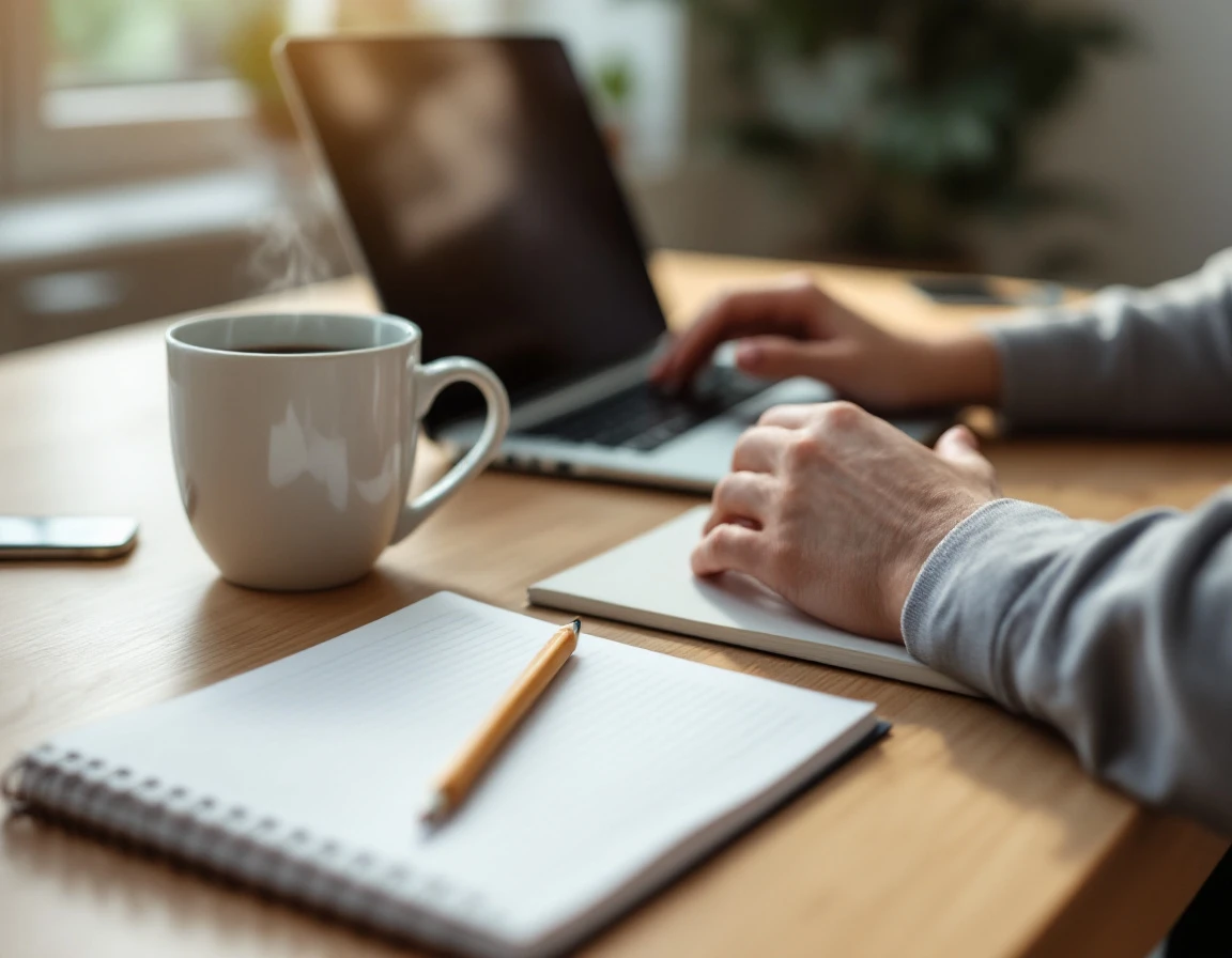 Professional workspace with closed laptop, coffee mug, and notebook for employee training refresh session