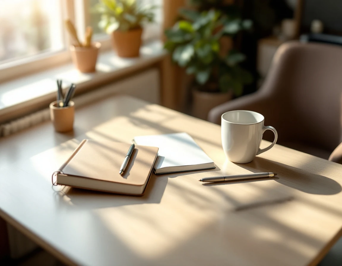 Clean desk with notebook and supplies on first day of work in natural morning light