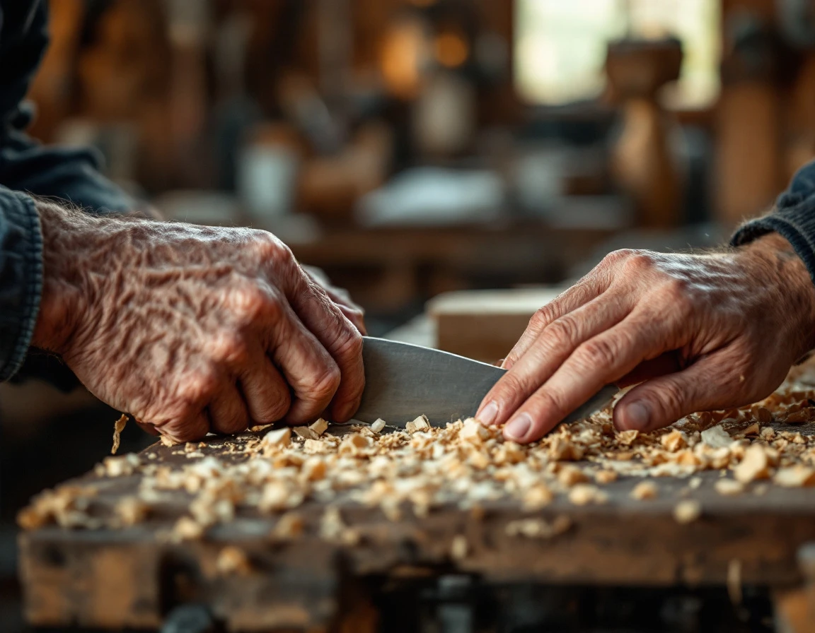 Experienced hands guiding new worker's hands using a woodworking chisel on a workshop bench with wood shavings