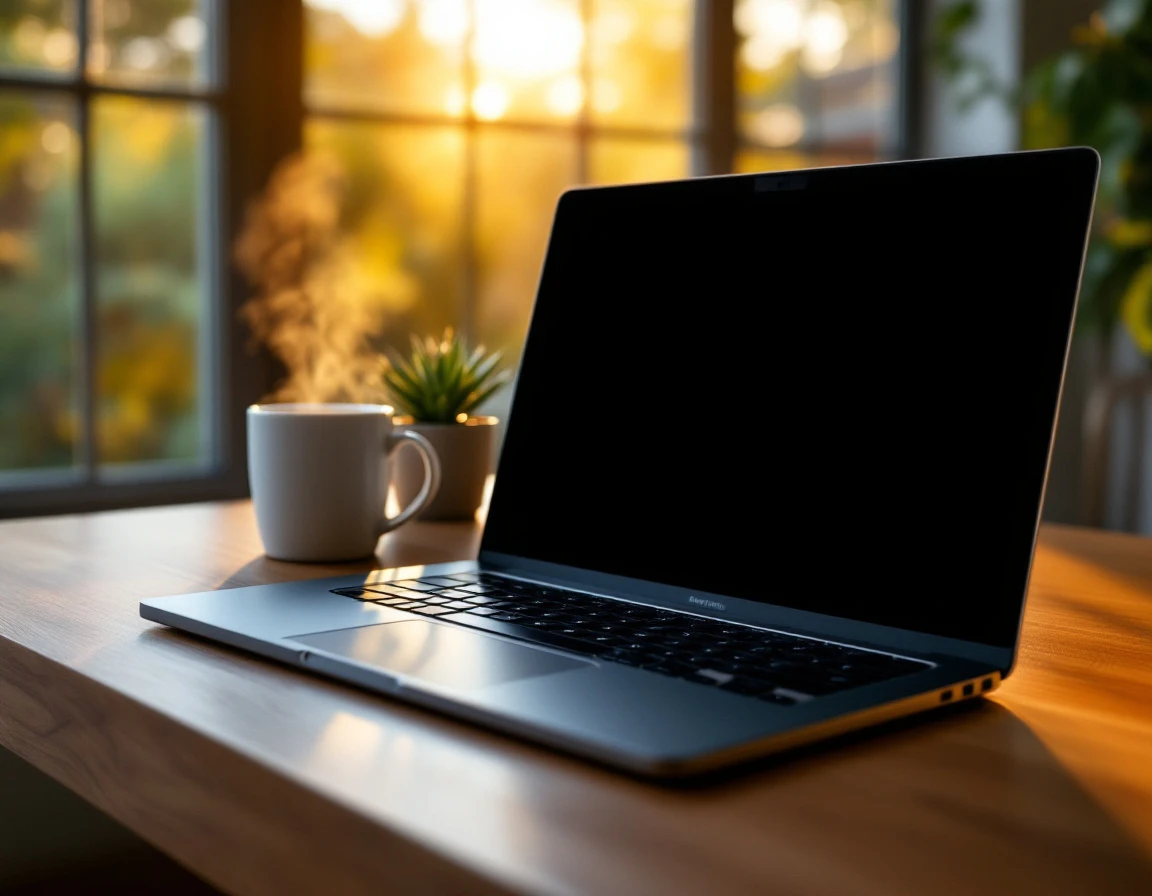Premium laptop with dark screen on wooden desk with coffee and plant in natural sunlight