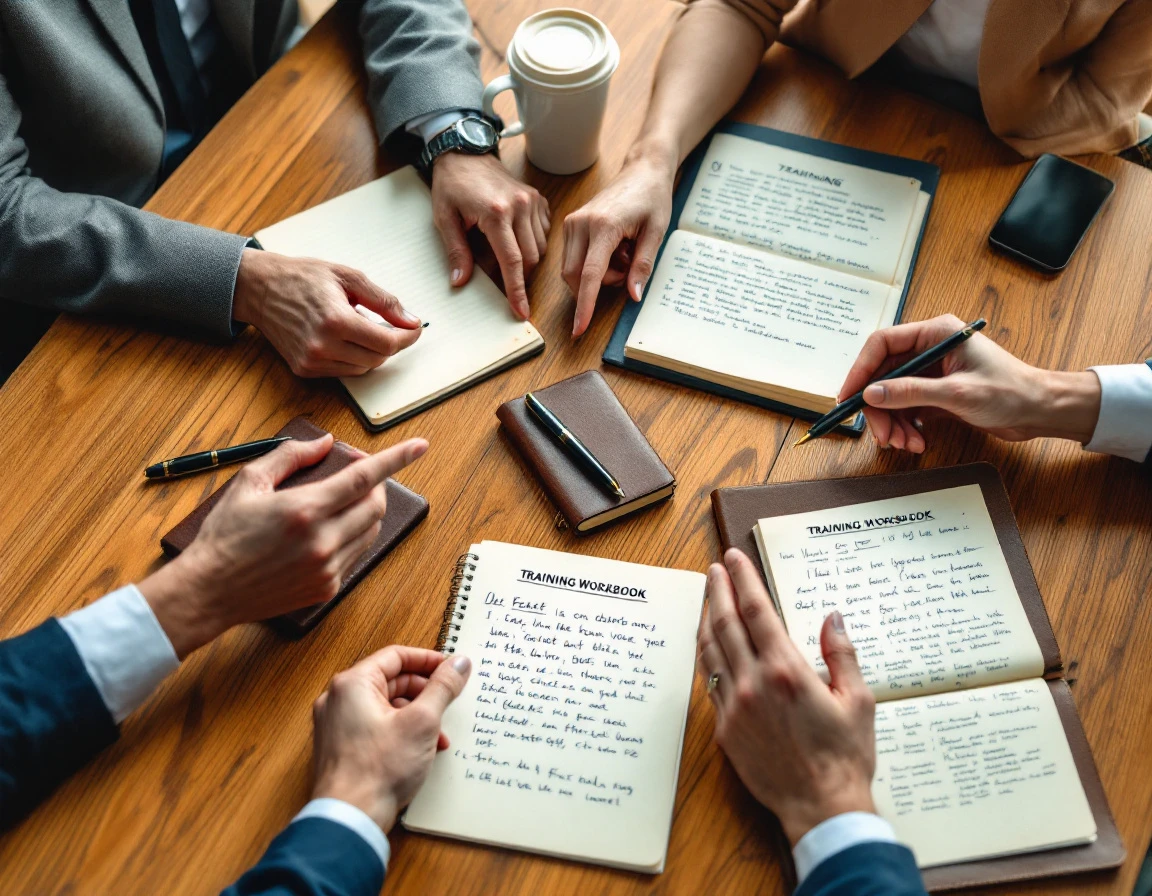Corporate mentoring session with training materials on wooden conference table in natural lighting