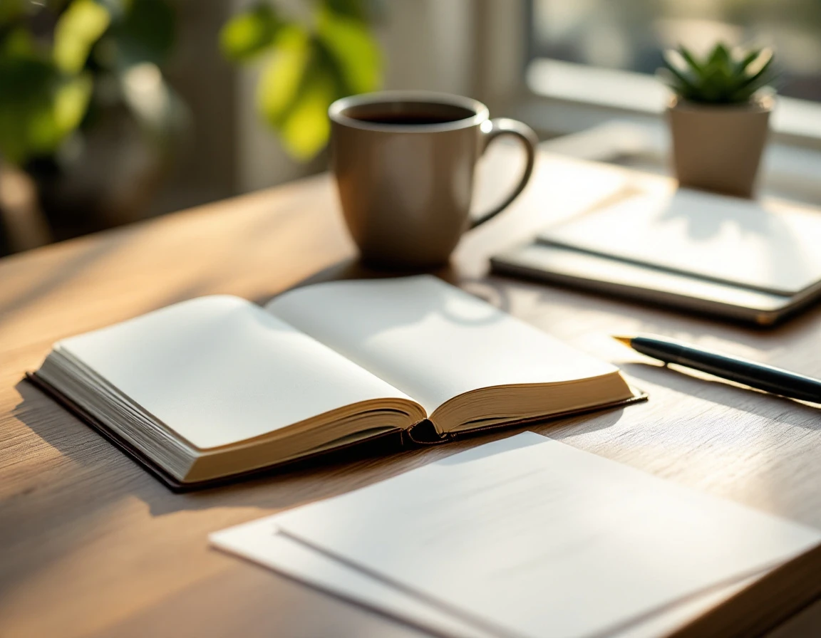 Organized workspace with blank journal, coffee, and planning materials on wooden desk