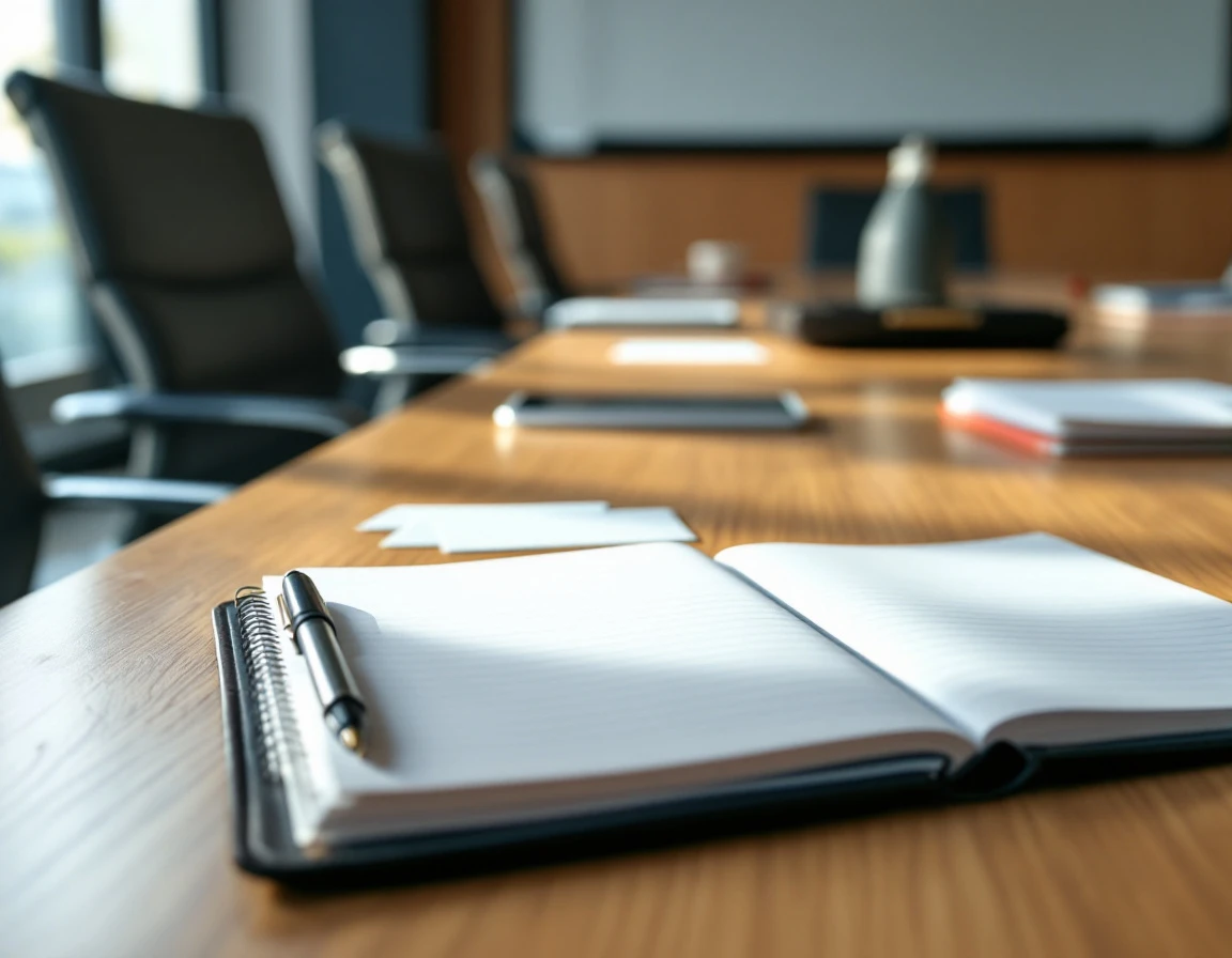 Training materials and notebooks arranged on conference table in preparation for compliance training session