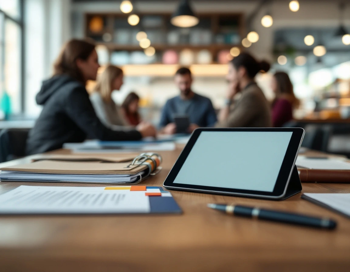 Training materials and tablet on table during retail employee compliance education session