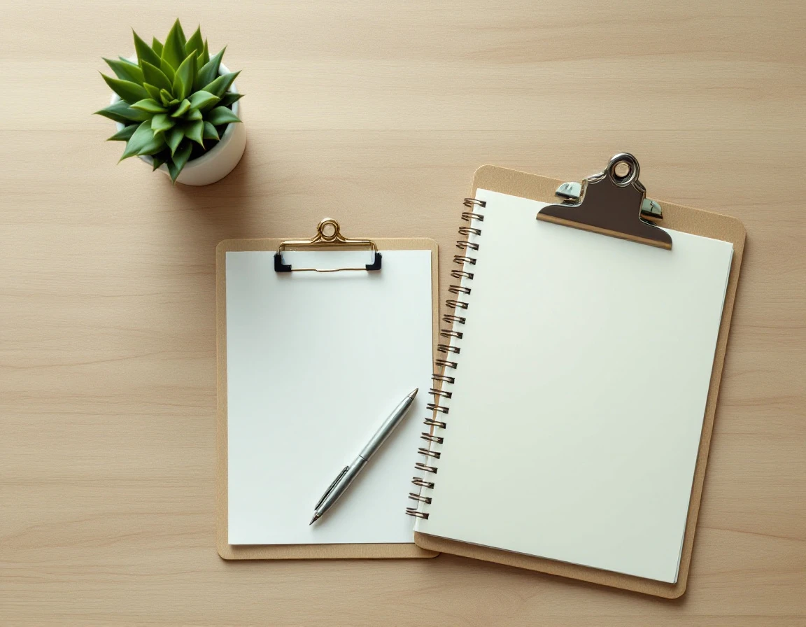 Overhead view of desk with blank notebook, clipboard, and plant for skill assessment planning