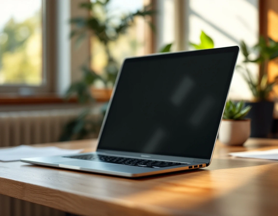 Modern laptop on wooden desk with plant and papers in soft natural lighting