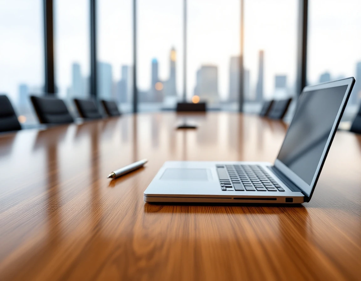 Clean conference table with laptop in modern office meeting room with city views