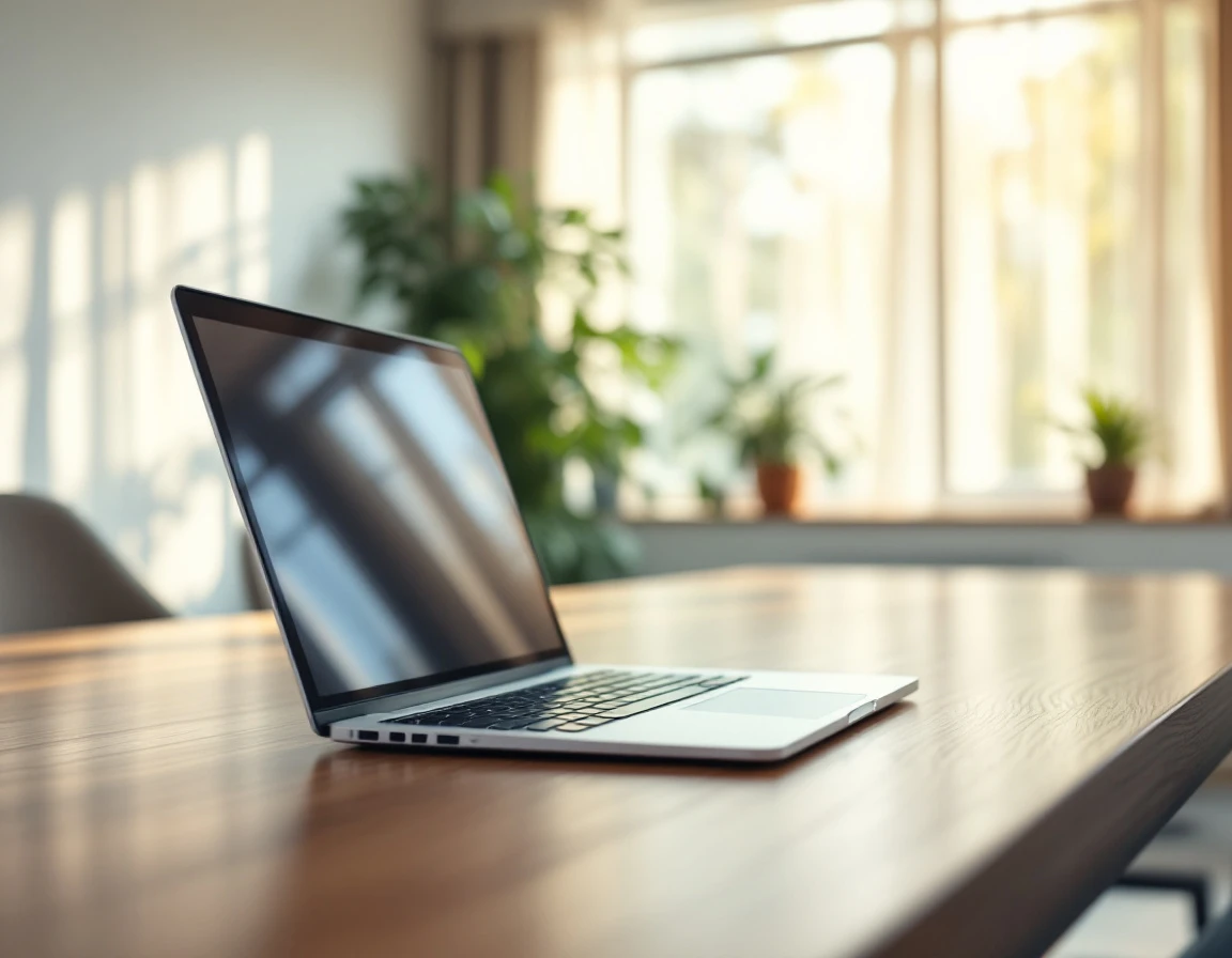 Modern conference room with laptop on wooden table, professional office environment with natural window lighting