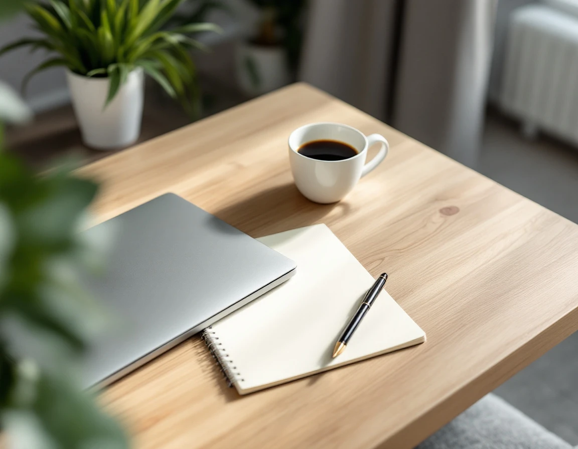 Clean desk workspace with closed laptop, notebook, pen, and coffee mug in natural window light