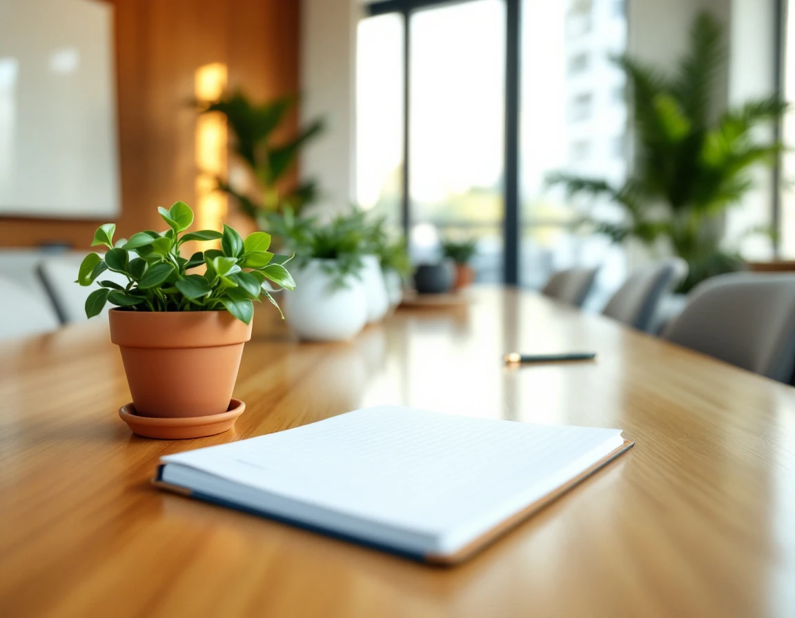 Training room table with notebook, pen, and potted plants in natural afternoon light