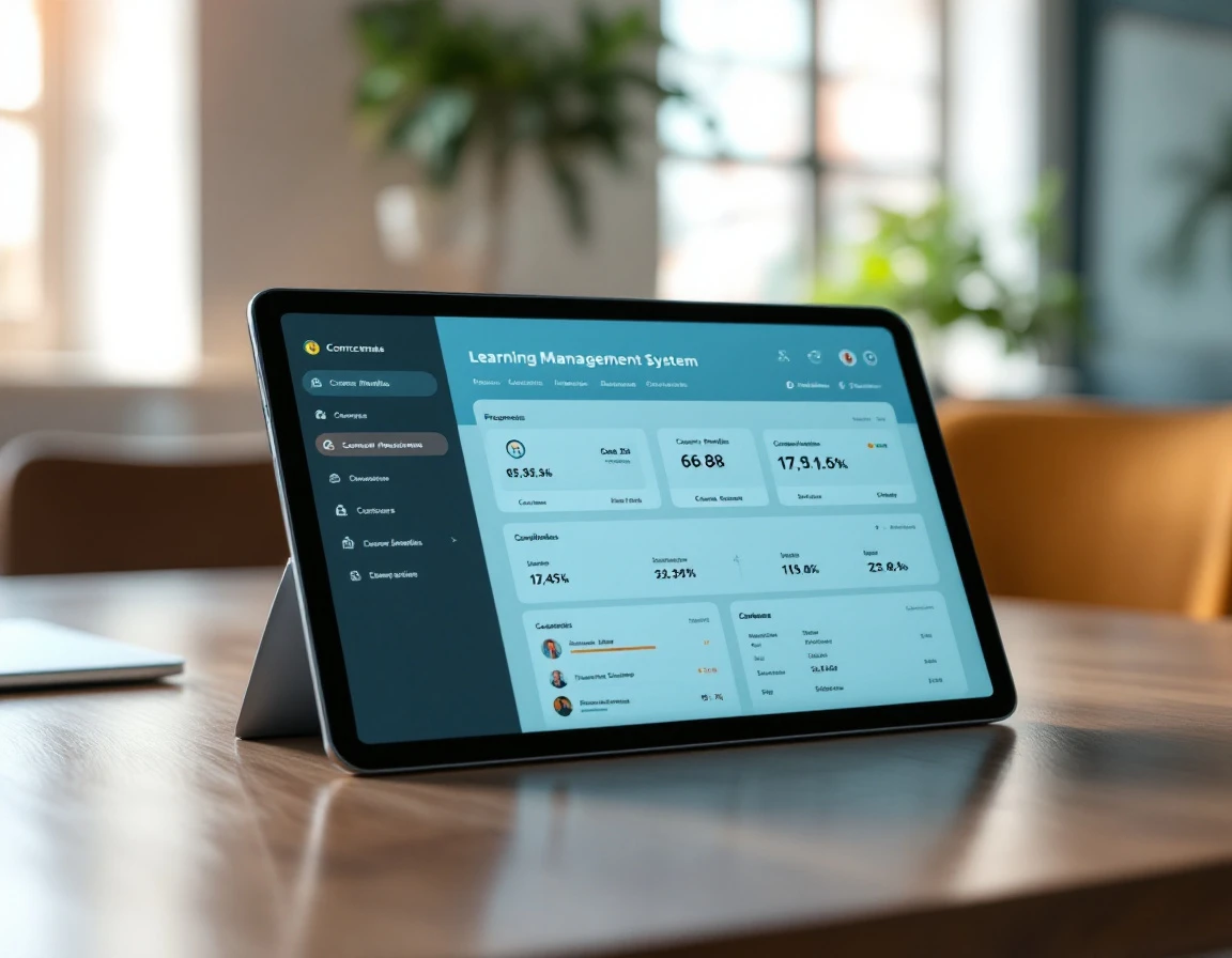 Tablet displaying learning management system interface on office desk with training analytics and course modules