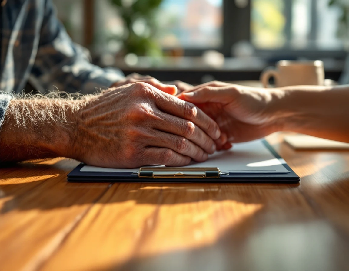 Hands from different generations meeting across a conference table in collaborative workplace gesture