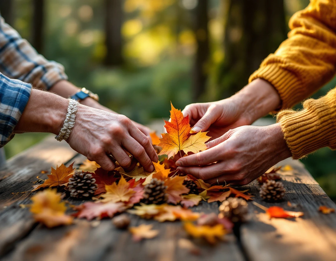 Multiple generations of hands collaboratively arranging autumn decorations on wooden table outdoors