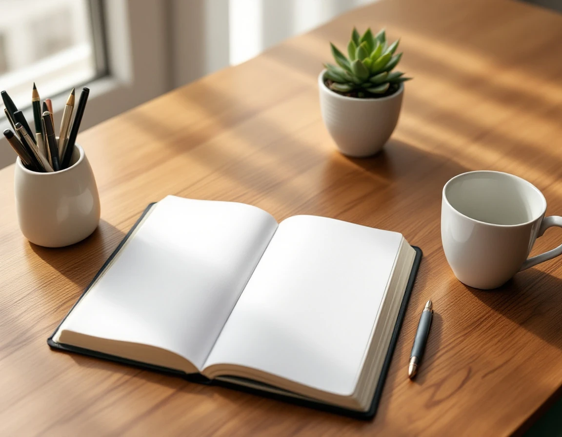 Organized workspace with blank notebook, writing tools, and coffee cup on wooden desk with natural lighting
