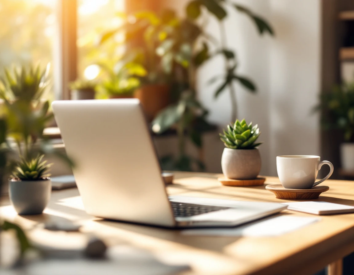 Laptop on clean workspace with plants and coffee cup in natural morning light