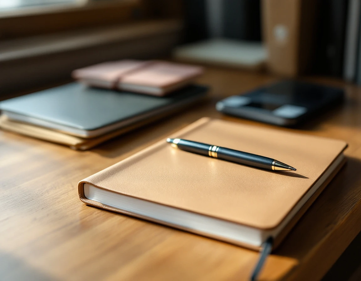 Leather notebook with pen and folders on wooden desk representing systematic employee documentation