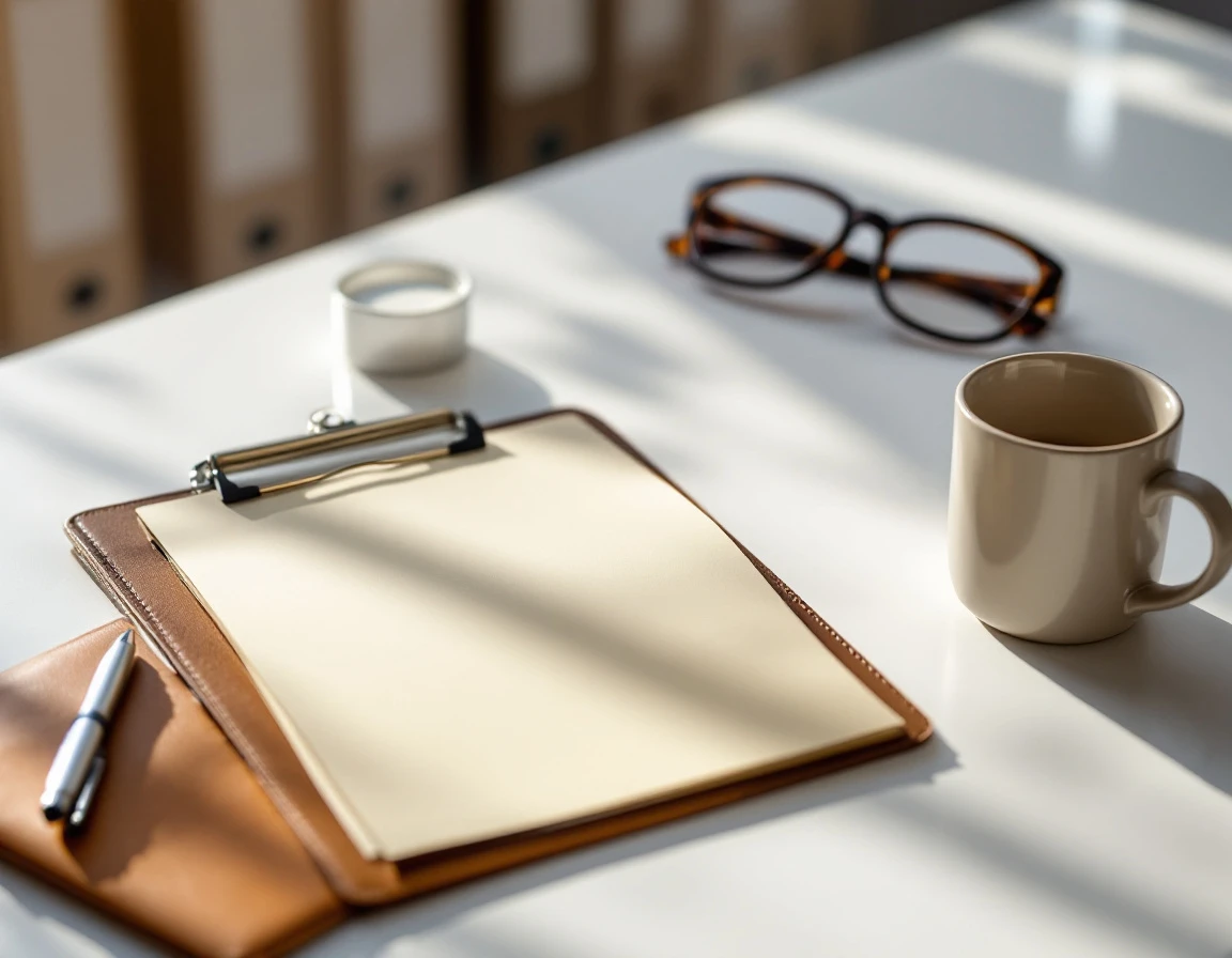 Organized office desk with blank clipboard, folders, and professional documentation supplies