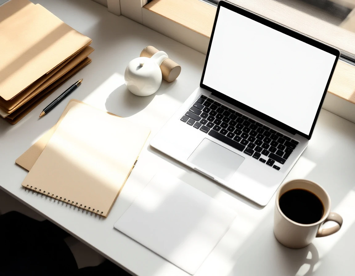 Clean office desk with laptop, coffee, and notebook during new hire onboarding preparation