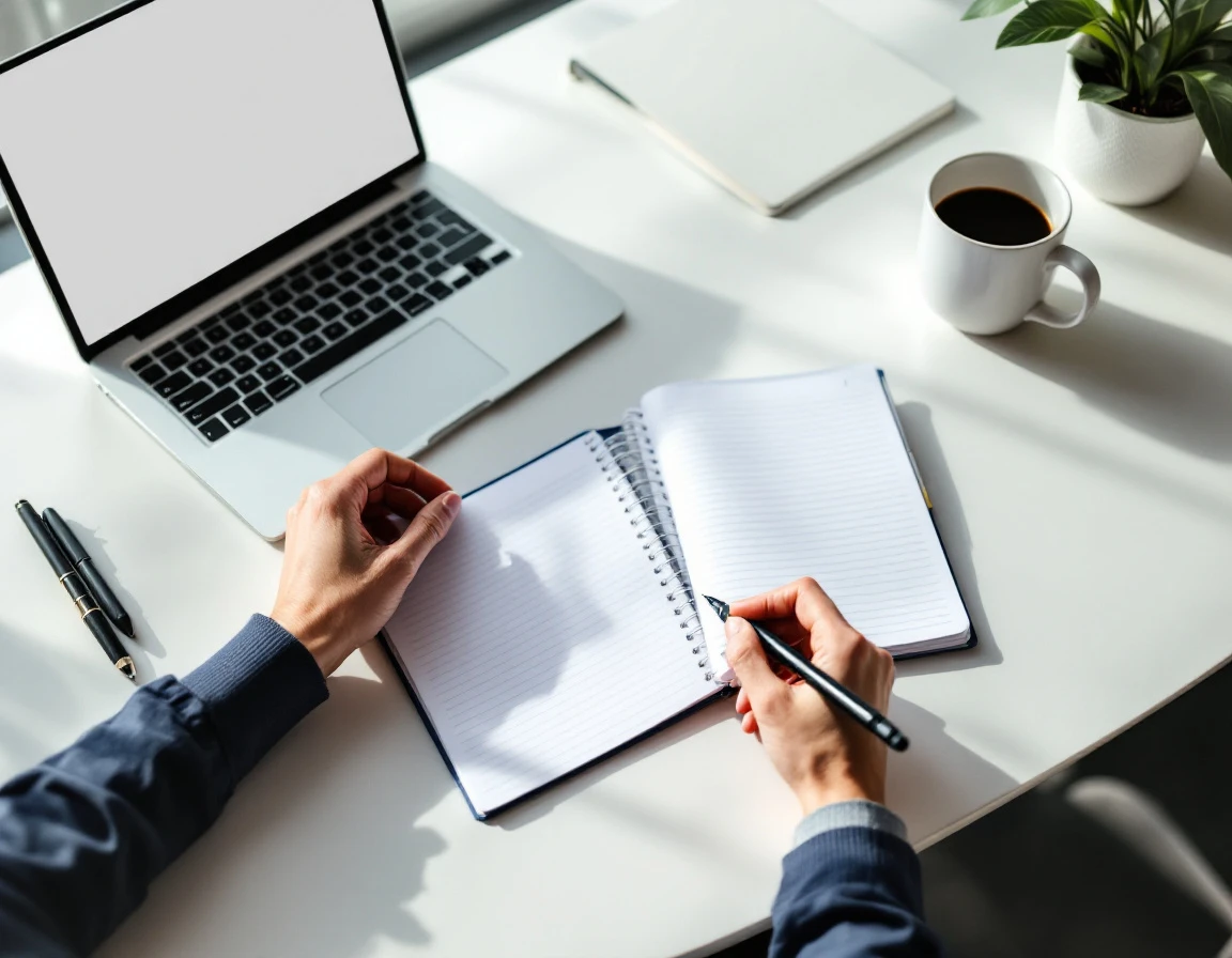 Overhead view of workspace with laptop, notebook, and hand with pen during onboarding session