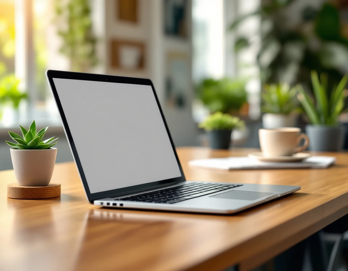 Laptop on wooden desk in California office with succulent plant and natural lighting for LMS training audit