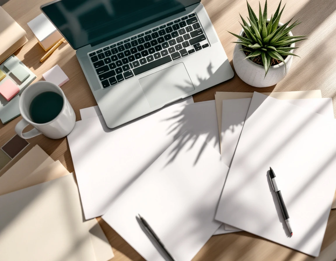Overhead workspace view with laptop, blank papers, and office supplies in natural morning light