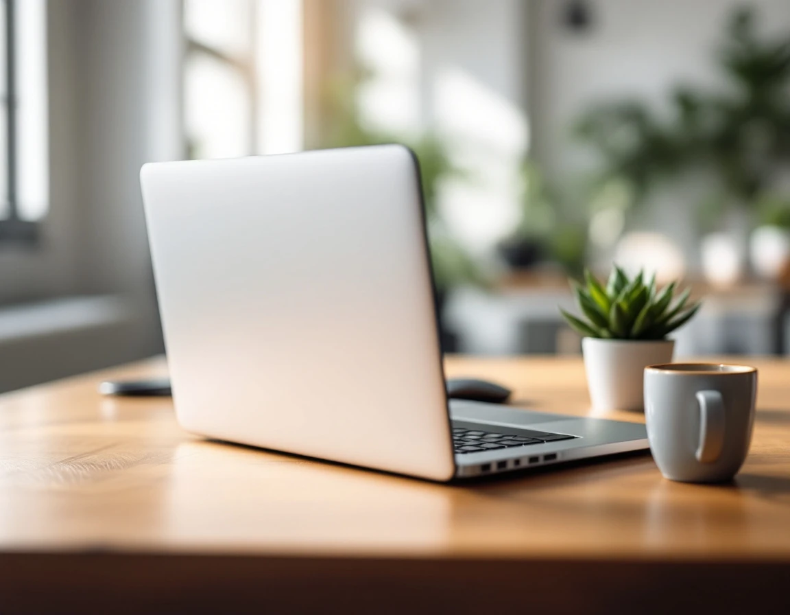 Laptop computer on office desk with natural window lighting in modern California workspace