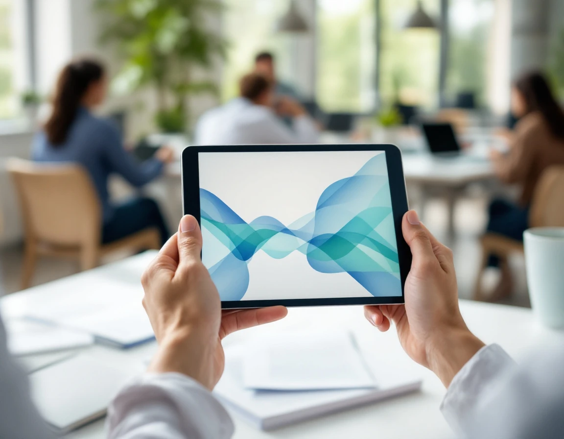 Professional holding tablet with abstract visual interface in modern office training environment