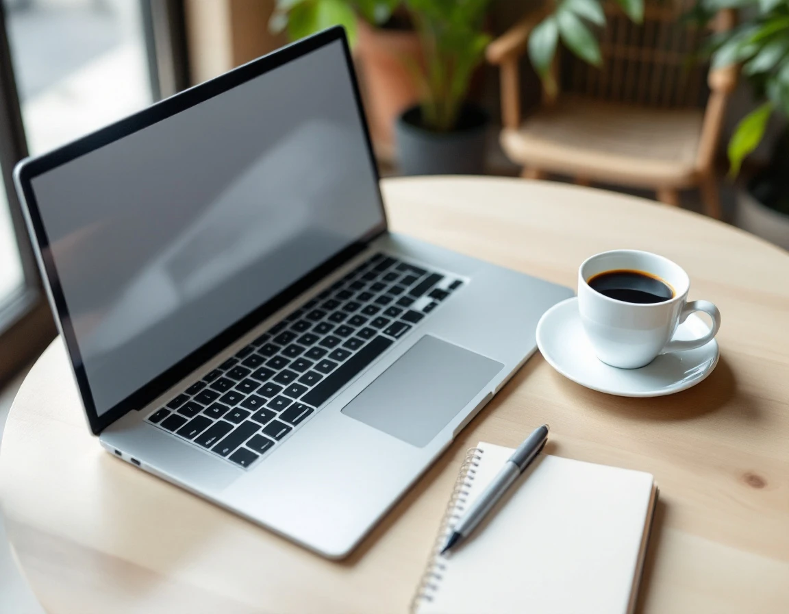 Overhead view of laptop, coffee cup, and notebook on wooden table in cafe workspace setting